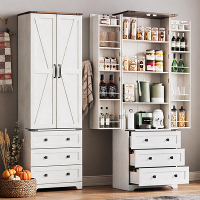 Farmhouse Kitchen Pantry Cabinet - 72" Tall Large Wood Kitchen Storage Cabinets with Adjustable Shelves & 2 Barn Doors & 3 Drawer, Versatile Storage f