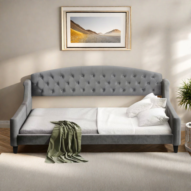 Modern Daybed With Tufted Button And Solid Legs, Gray