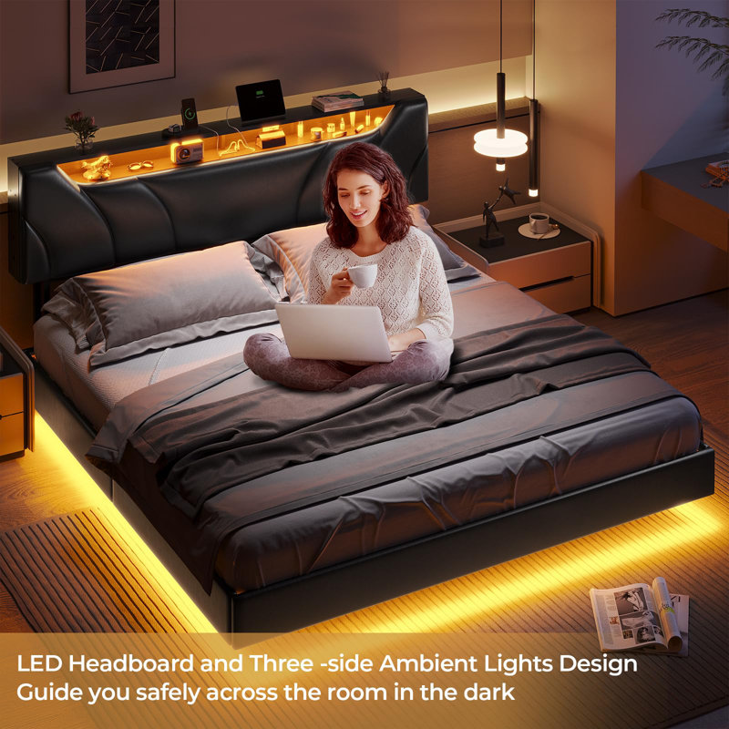 Cadre de lit très grand californien avec tête de lit avec rangement et lumières à DEL, cadre de lit flottant très grand californien avec ports Type-C et USB, lit plateforme flottant visuel, aucun sommier requis, noir