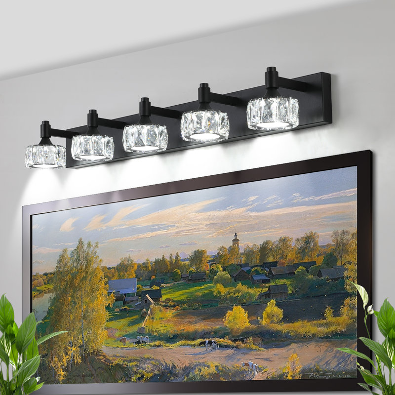 Modern LED Vanity Light, With Crystal Shades, Dimmable, 5 Lights, Matte Black