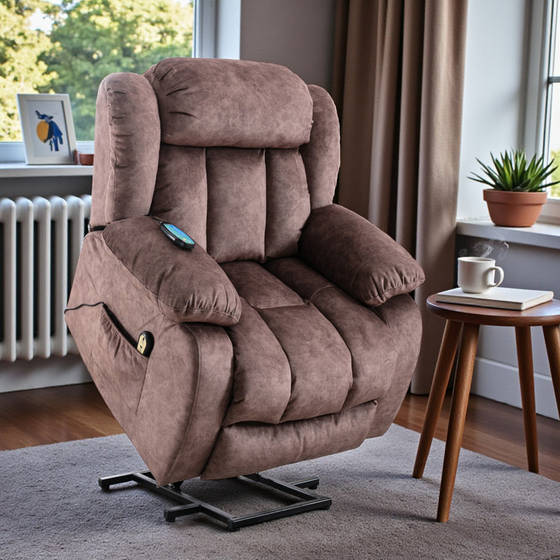 96cm Wide Velvet Lift Assist Standard Recliner with Massager, Brown