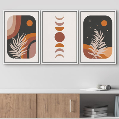 «Boho Mid-Century Moon Phase Tropical Leaf Desert Abstract Art Modern Bohemian Decor», 3 pièces