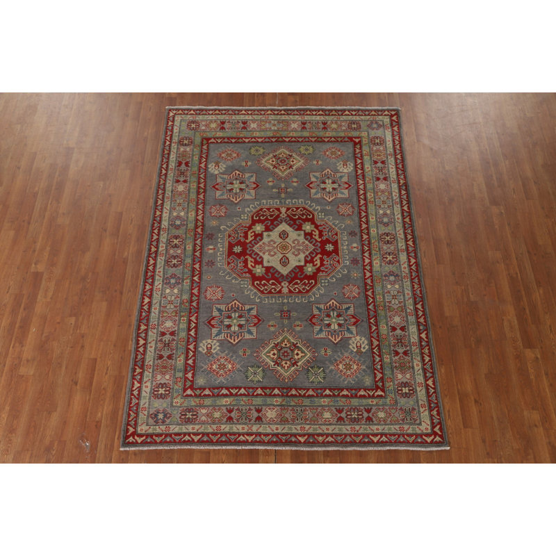 Tapis oriental gris à motif géométrique Kazak 8