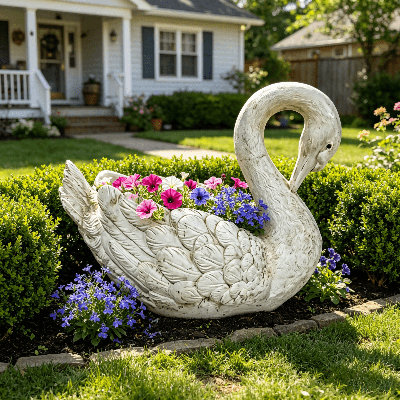 Statue de jardinière en cygne en résine blanche 12,8 po, sculpture de pot de fleurs décorative pour jardin extérieur, cour avant, porche et patio