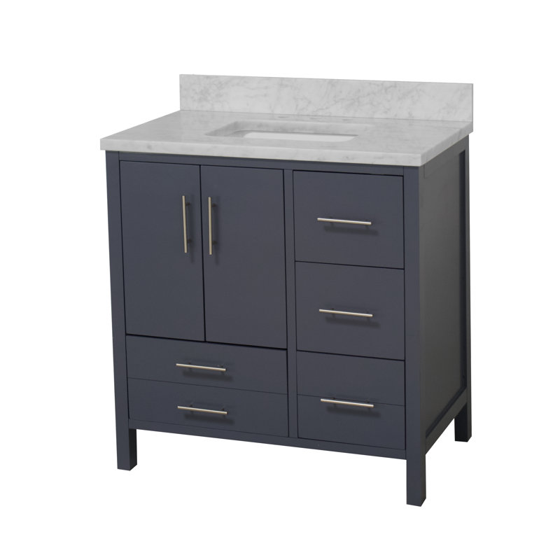 Ensemble de meuble-lavabo simple 36 po Kiara, Gris marine, Marbre de Carrare