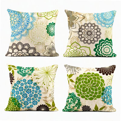 Sparkling Floral Linen Pillowcase Set - Decorative Throw Pillow Covers for Home Decor - Square - Set of 4 Patterned Cushion Cases
