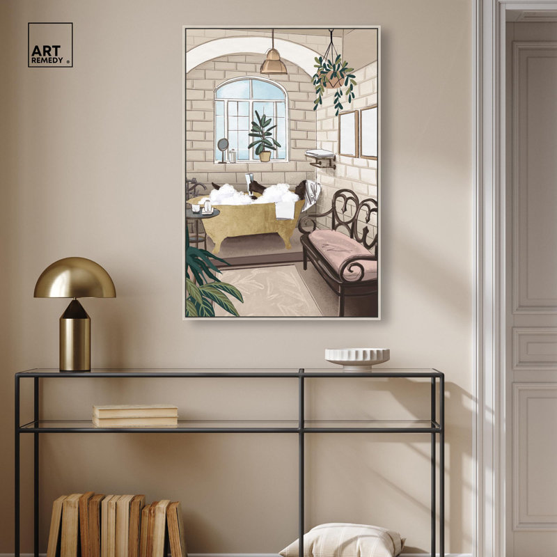 «Bathtime Lounge», reproduction d'art sur toile tendance par Art Remedy, H 37 po x l 25 po, Cadre argenté