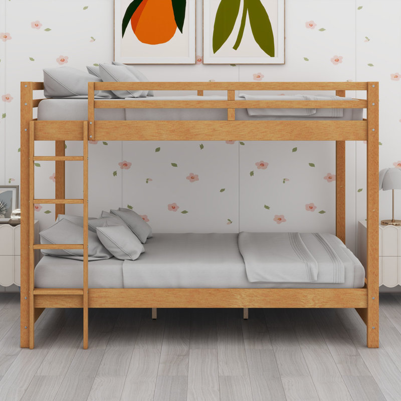 Queen Over Queen Size Bunk Bed, Bunk Bed Frame With Ladder And Guardrail For Kids Teens Adult, Maximize Space, Wood Color
