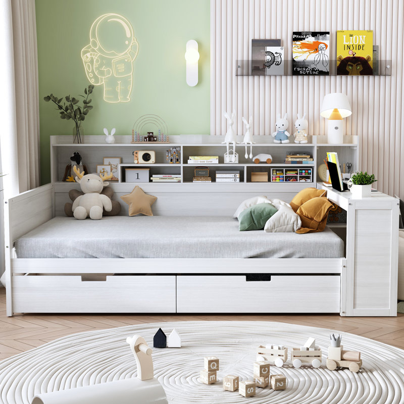 Lit de jour en bois avec options de rangement organisé et bureau productif, blanc antique pleine grandeur, Blanc antique