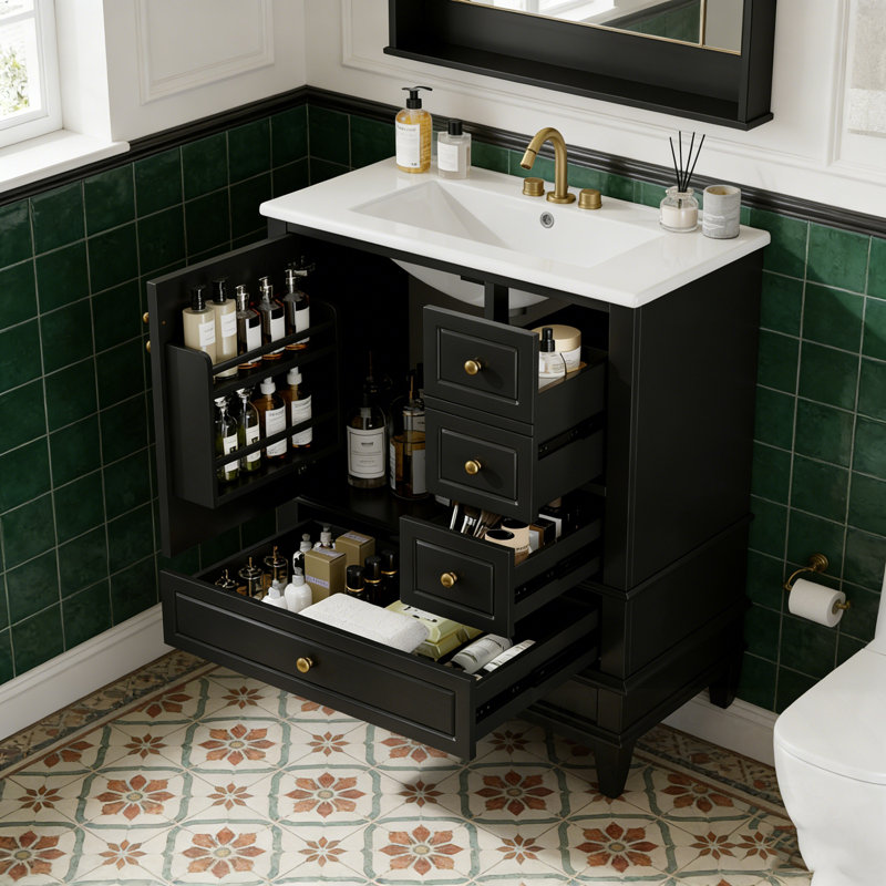 Meuble-lavabo avec lavabo, tablette et trois tiroirs, Noir