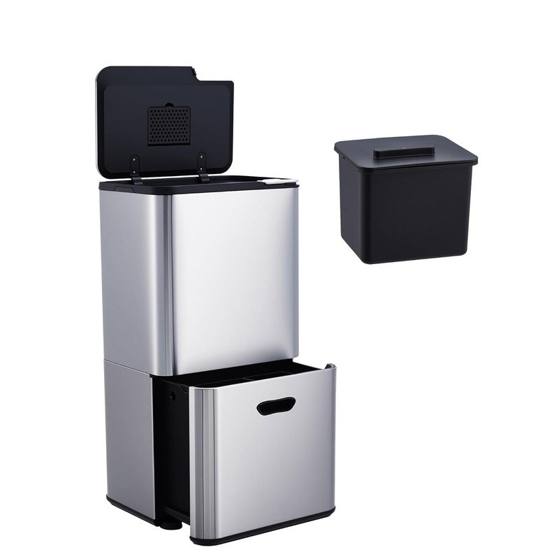Poubelle et corbeille 16 gallons à deux compartiments, poubelle de cuisine en acier inoxydable avec compost et contrôle des odeurs