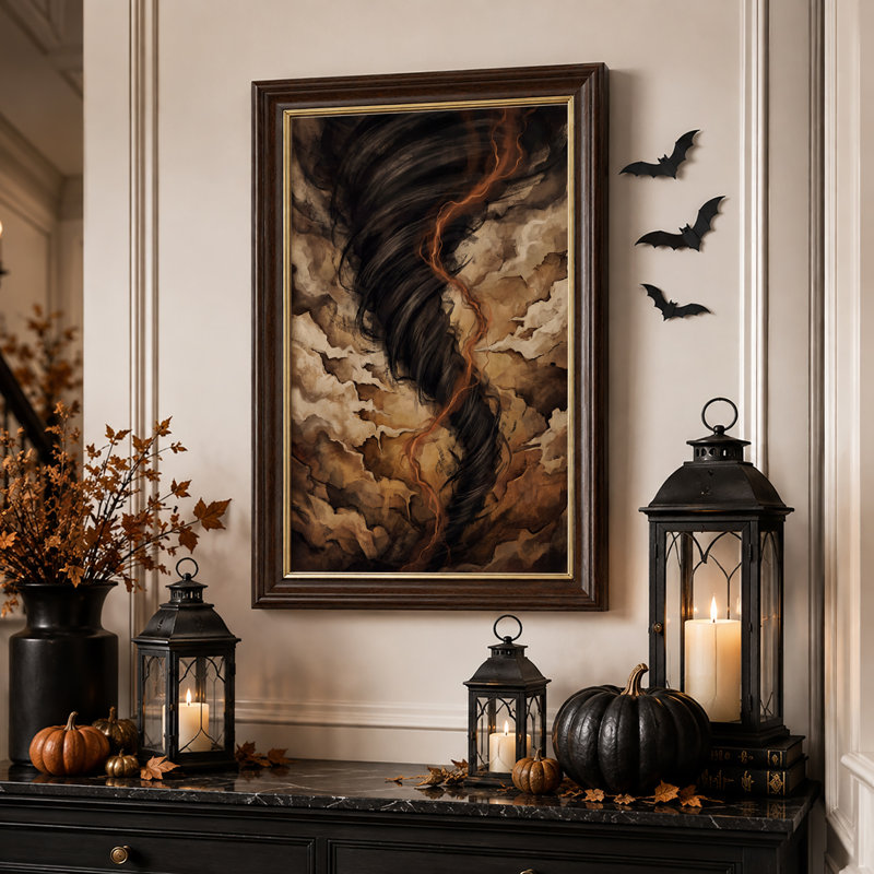 Toile murale représentant un tourbillon sombre de tornade avec une touche d'orange pour l'Halloween, H 18 po x l 12 po