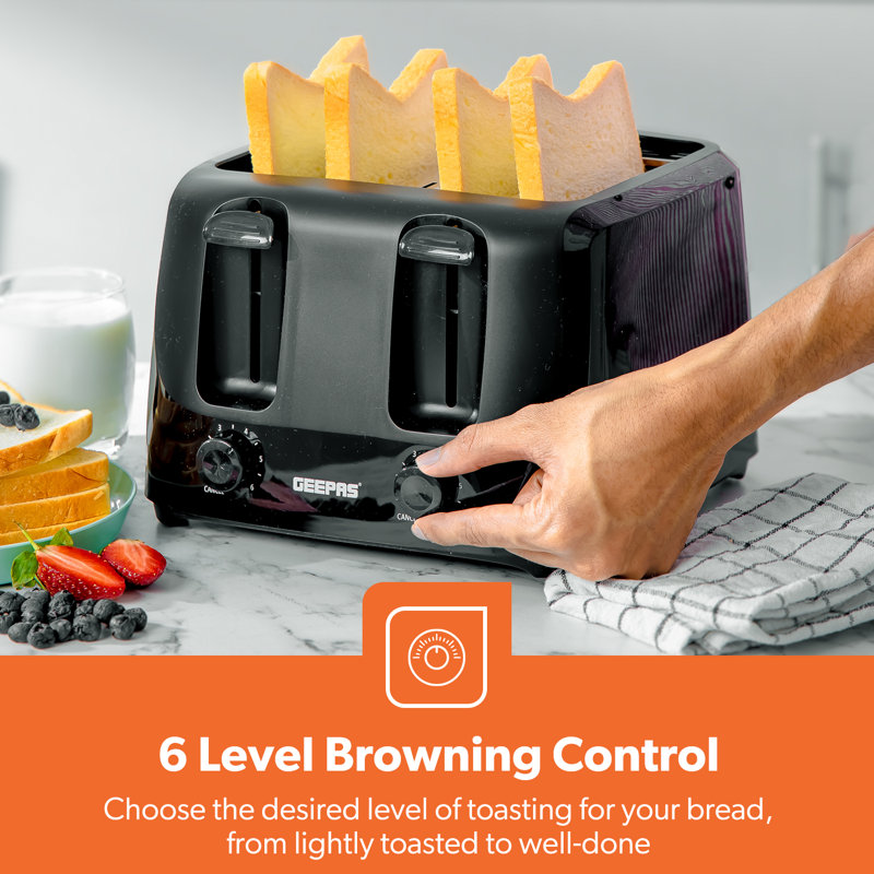 GEEPAS 4 Slice Toaster 6 Browning Levels with 2 Controls, Cancel Function 2 Removable Crumb Trays 1400W, Black