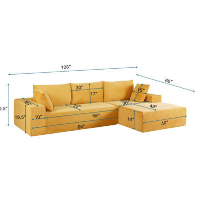 Canapé modulaire convertible à 4 places en velours côtelé moelleux de couleur jaune gingembre, avec rembourrage en mousse complète, pour la chambre à coucher et le salon, orienté vers la droite, aucun espace d'assemblage requis,