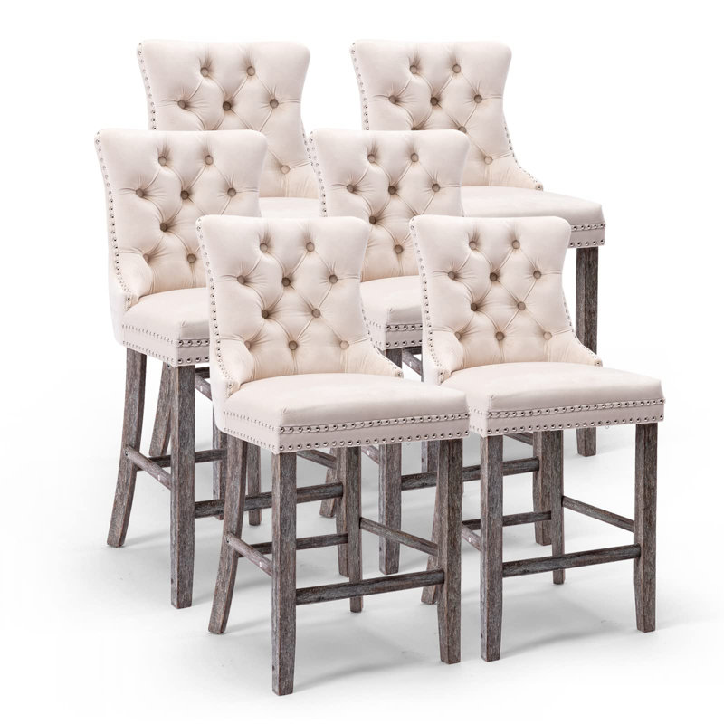 Velvet Upholstered Bar Stool with Button Tufted Back, Beige, Brown, 6