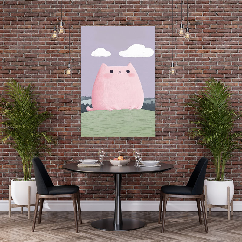 Pink Cat On Hill Peaceful Whimsical Abstract Cat Nature Landscape Wall Art Print 1 Piece Wrapped Canvas Wall Art