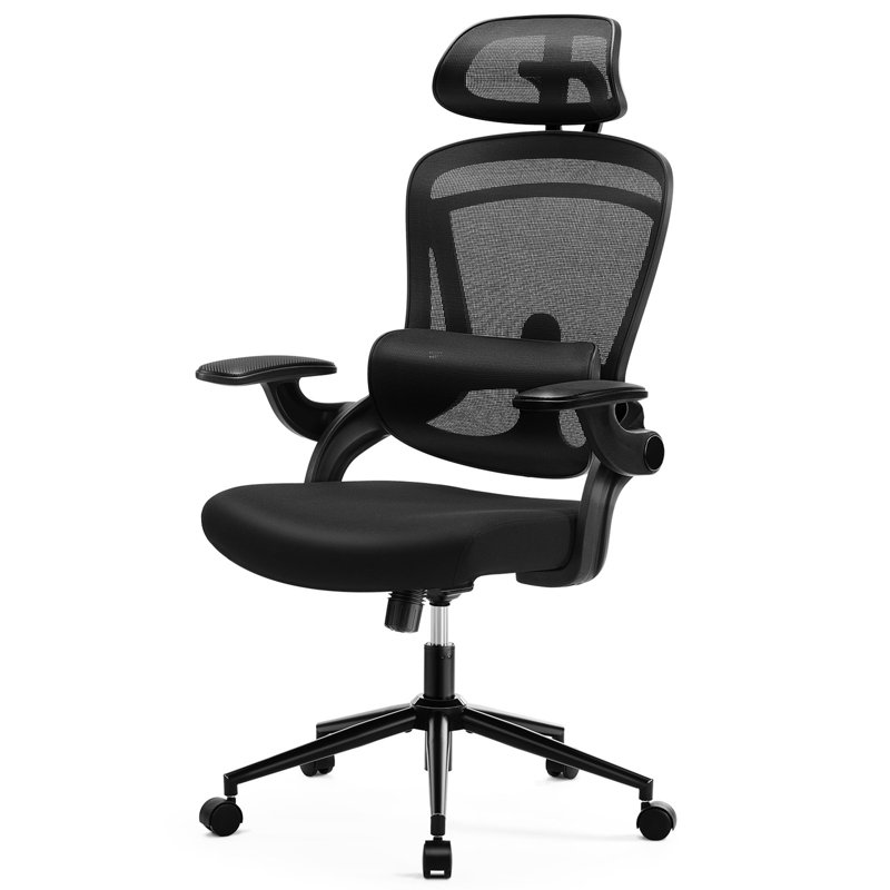 High Back Desk Chair With Adjustable Lumbar Support & Headrest,Comfortable Mesh Computer Chair With Soft Flip Up Arms, Adjustable Height And 120Â°Tilt