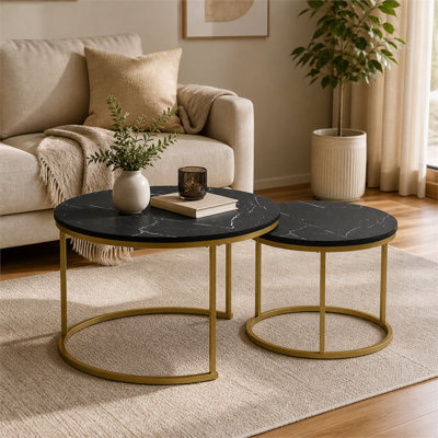 Ensemble de 2 tables basses gigognes 27,6 pouces, tables basses rondes avec plateau de table en marbre et cadre en métal robuste, tables d'appoint gigognes noires pour salon, chambre à coucher, balcon, cour