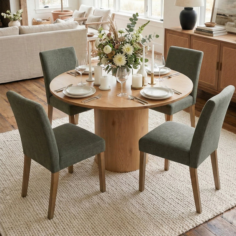 Danayla 4 - Person Dining Table Sets With 41.5'' Round Table & 4 Upholstered Linen Chairs, Dark Green