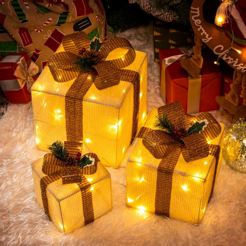  Set of 3 Christmas Lighted Gift Boxes, 60 LED Light up Present Boxes, 8 Modes Christmas Parcels Lights with Bow for Party, Home, Tree Decoration