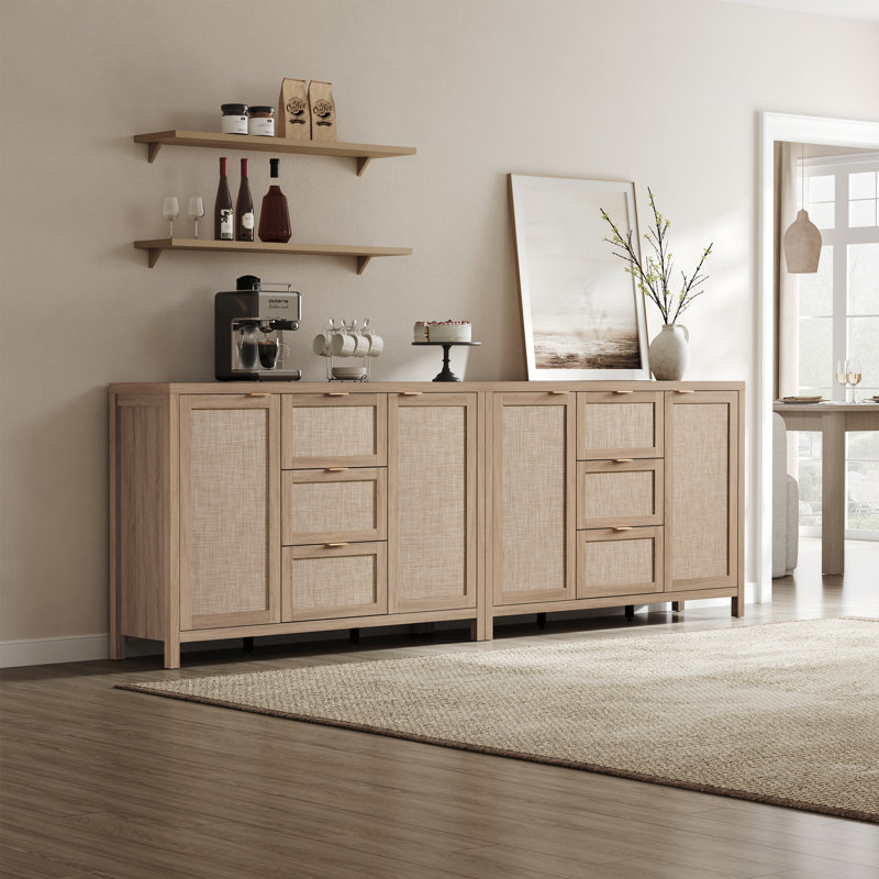 51.57'' W 3-Drawer And 2-Door Rattan Sideboard With Adjustable Shelves, Light Oak