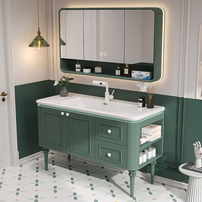Meuble-lavabo autoportant 47,24 po en bois d'hévéa massif avec miroir