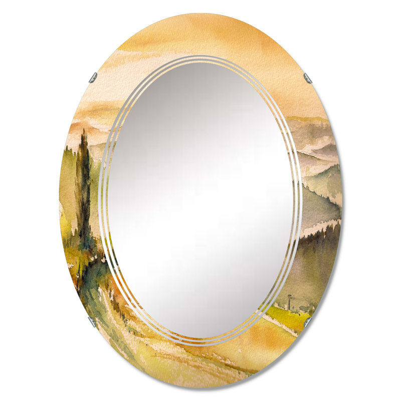 Paysage rétro avec vignobles - miroir mural campagne ovale, 30 po x 20 po
