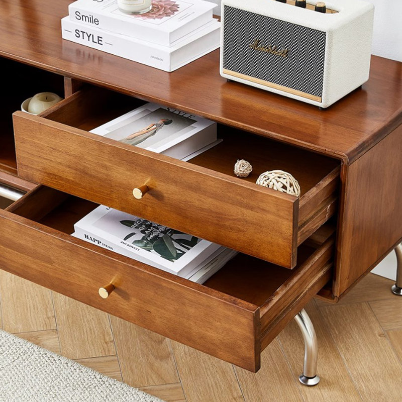 Combinaison de table basse vintage en rotin et télé, Bois brun foncé