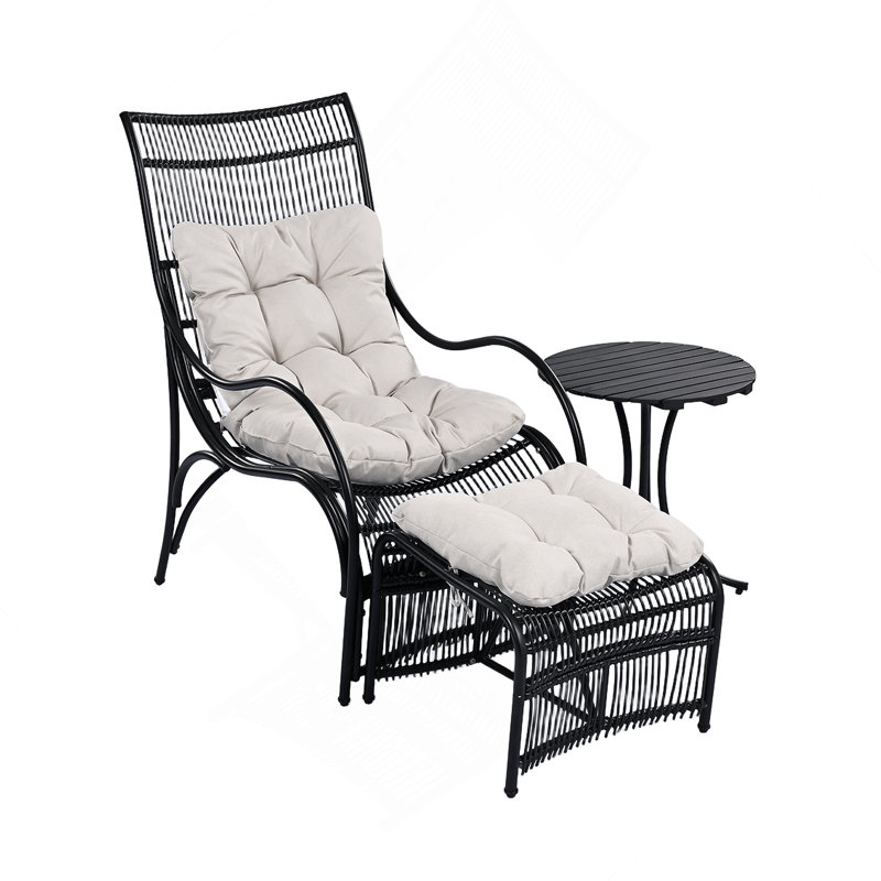 3 Pieces Wicker Outdoor Patio Furniture Set With Lounge Chair, Balcony Chairs Table Set With Cushions, Ottoman, Patio Conversation Sets For Garden ,Deck,And Porch, Black & 