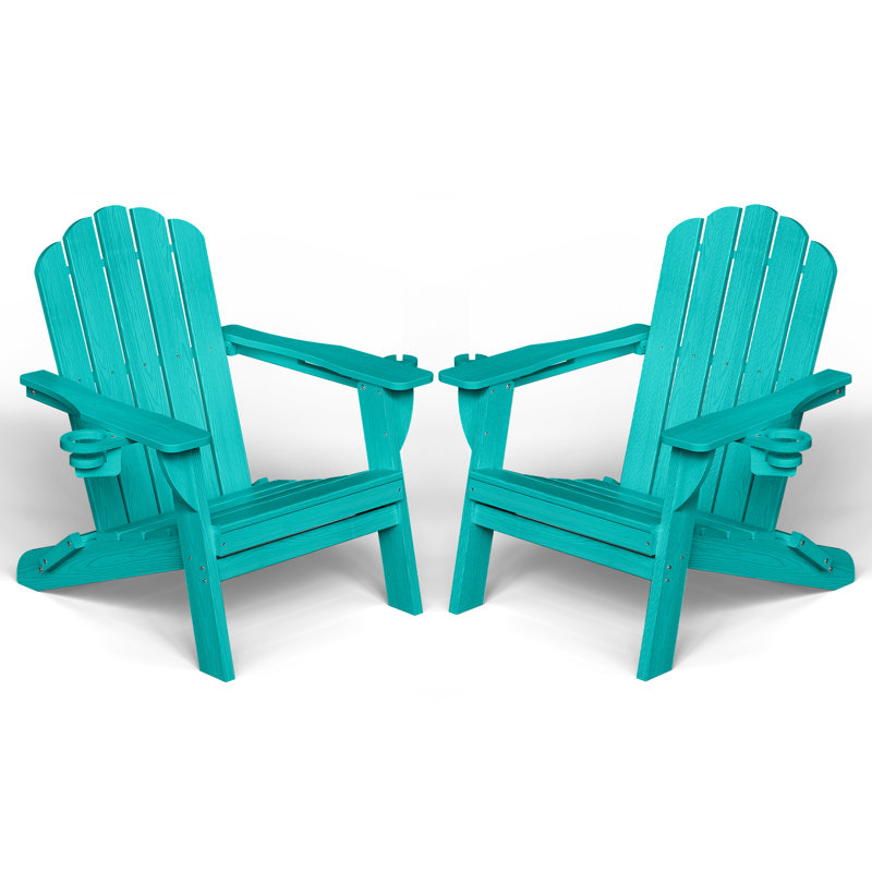 Oversize Foldable Adirondack Chair HDPE Weather-Resistant Firepit Chair With Cup Holder, Lake Blue