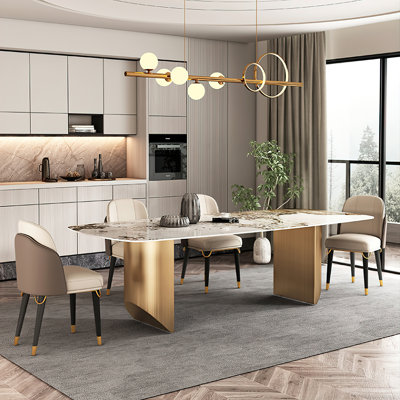Dashona White Rectangular Sintered Stone Dining Table with Double Pedestals