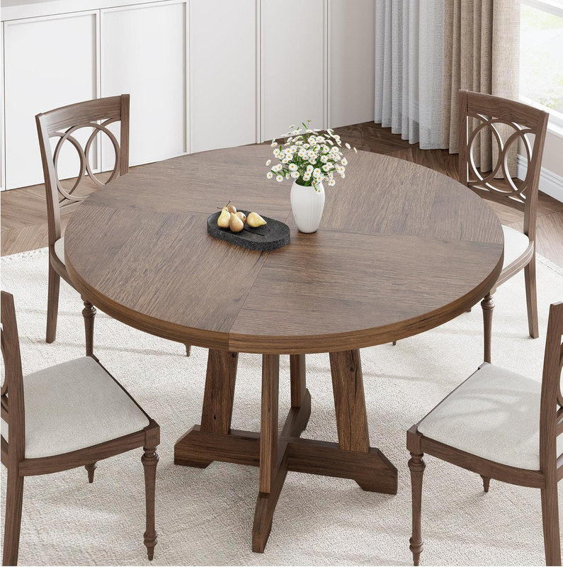 47" Round Dining Table for 4-6, Farmhouse Wooden Kitchen Table with Adjustable Legs, Brown, Brown