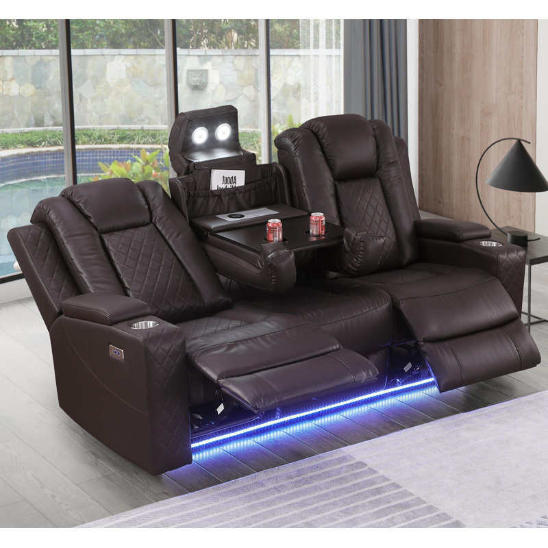 Tiertza Leather 82" Wide Power Reclining Sofa W/ Wireless Charger & Tray Table, Brown