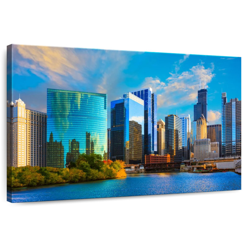 Ravi gratte-ciel de Chicago au coucher du soleil, H 24 po x l 36 po