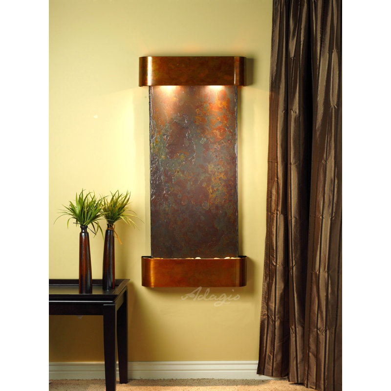 Cascade Springs Hand Crafted Natural Stone Weather Resistant Wall Base Fountain with Light, Rajah (multi-color), Copper