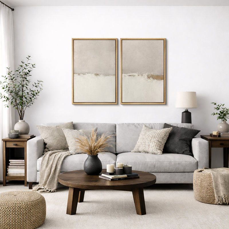 Paysage minimaliste «Œuvre abstraite grunge beige beige, images murales simples minimalistes neutres, impression sur toile encadrée, 2 pièces»