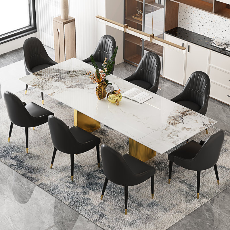 Ensemble de table de salle à manger 9 pièces avec table de salle à manger extensible en pierre frittée de 94,5 po avec 8 chaises à oreilles en similicuir