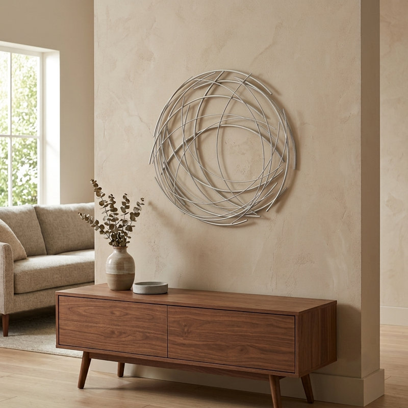 Décoration murale contemporaine abstraite ronde, Argent luisant