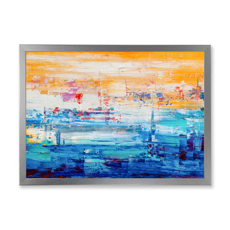 Orange et bleu abstrait - peinture sur toile, Encadrement argenté, H 12 po x l 20 po x p 1 po