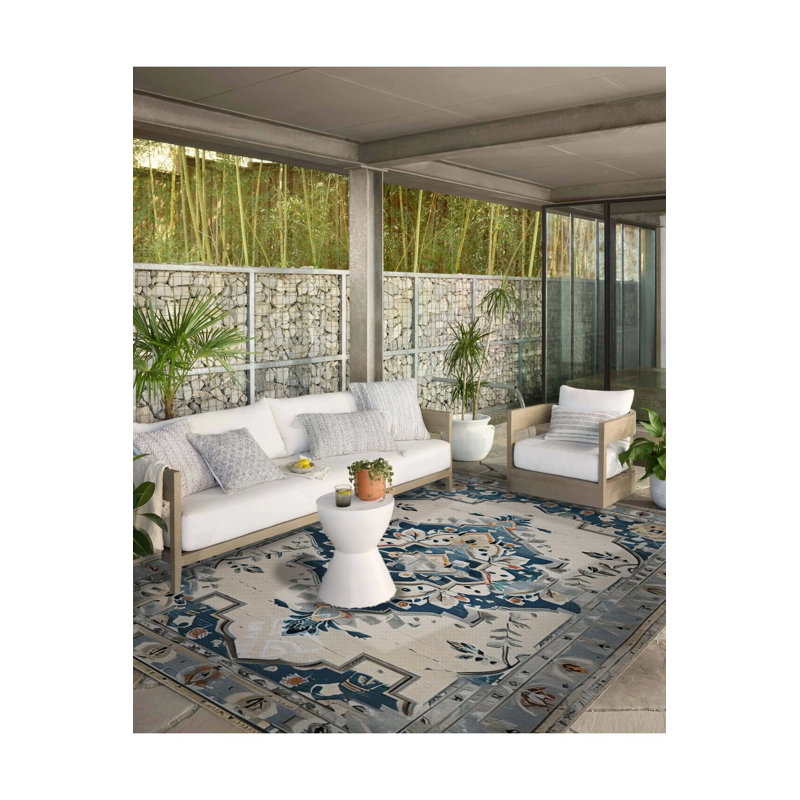 Vintage Blue Patterned Woven Base Machine Washable Rug, Rectangle 3'11" x 5'11" Rug Pad Included
