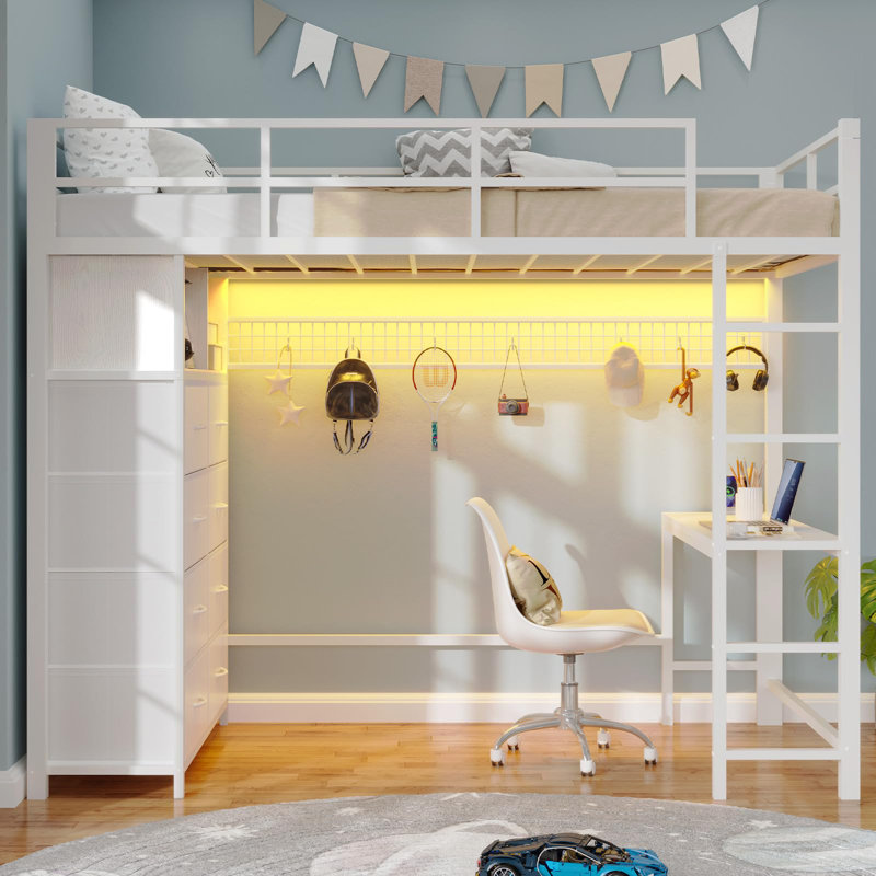 Loft Bed With Desk And 8 Storage Drawers, Metal Loft Bed With Led Lights & Charging Sation, Storage Shelves, 13.1" H Safety Guard & Ladder, No Box Spring Needed,