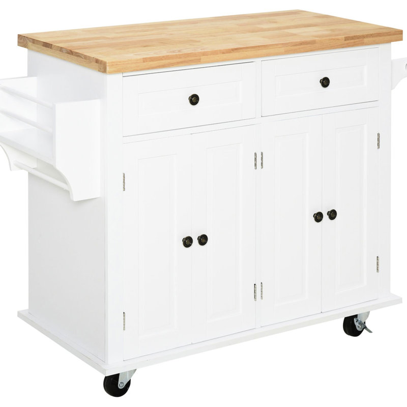 Îlot de cuisine roulant avec comptoir en bois d'hévéa, étagère à épices et tiroirs - accessoire de rangement blanc pratique, porte-serviettes pratique