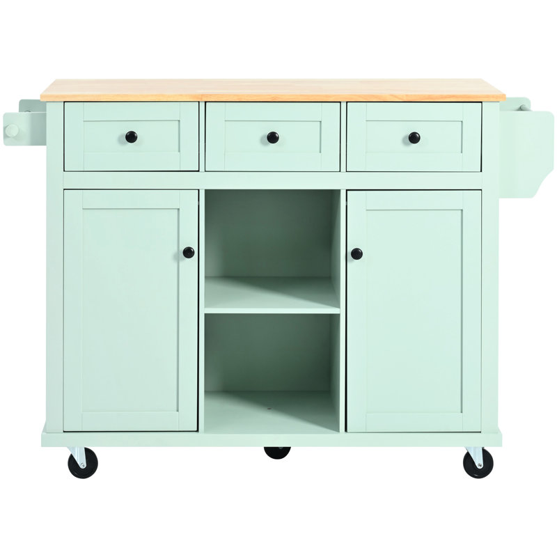Drop Kitchen Cart With Cabinet Storage , Mint Featuring Countertop And Internal 5 Wheels Brakes, 3 Drawers Adjustable Shelves