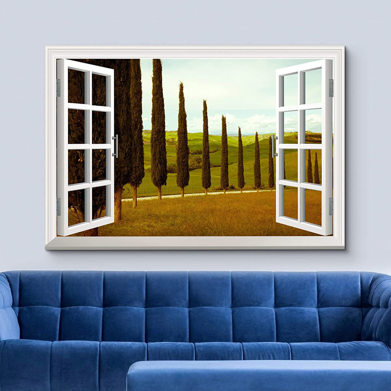 Fenêtre, paysage toscan, campagne avec cyprès et prairie, impression sur toile tendue