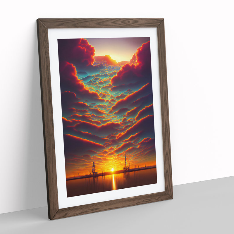 Sunset over the Ships - Wall Art, 36cm H x 27cm W x 2cm D, White, Walnut Framed Paper