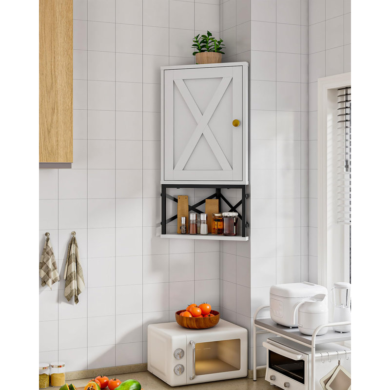 Armoire de salle de bain murale d'angle avec tablettes ouvertes et tablettes réglables, blanc