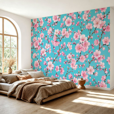 Papier peint adhésif peler et coller branches de cerisier rose vif, turquoise, papier autocollant amovible, décoration murale pour salon H 69 po x l 96 po
