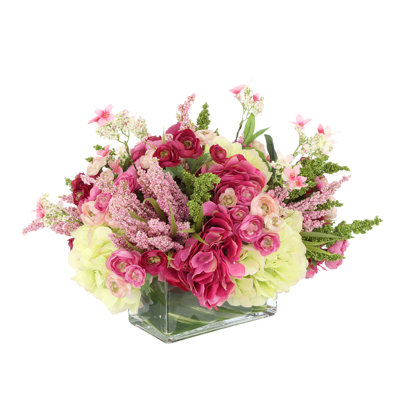Hydrangea, Heather and Ranunculus Arranged in Rectangular Vase
