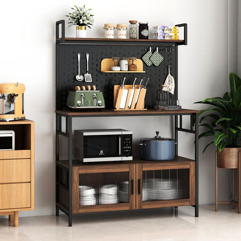 Étagère de cuisine avec porte et four à micro-ondes, parfaite pour les petits espaces de rangement, organisateur pour articles suspendus polyvalents, nombreuses tablettes de rangement réglables en verre, finition à l'eau, noyer