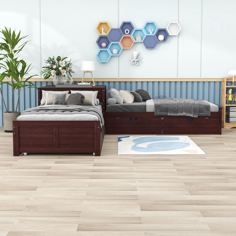Twin Size 2 Drawers Wooden L-shaped Platform Beds with Trundle and Built-in Table, Espresso